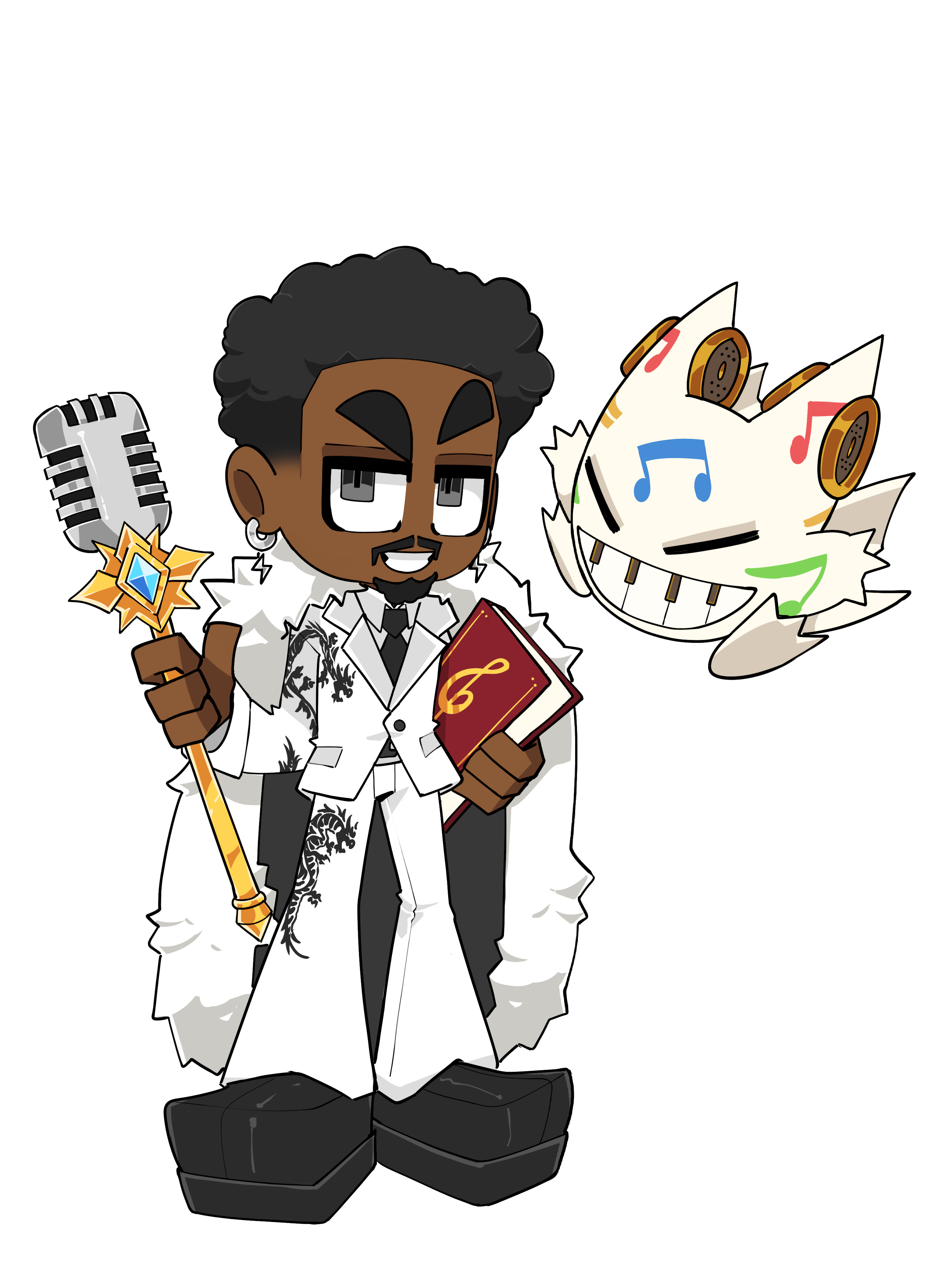 Illustrated chibi of Mal Best holding a microphone scepter beside the Arpeggigon music mascot