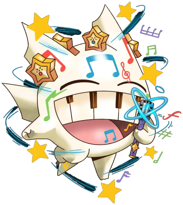 Astral Maestro: the Arpeggigon mascot singing joyfully into its Micblade microphone, surrounded by spinning stars