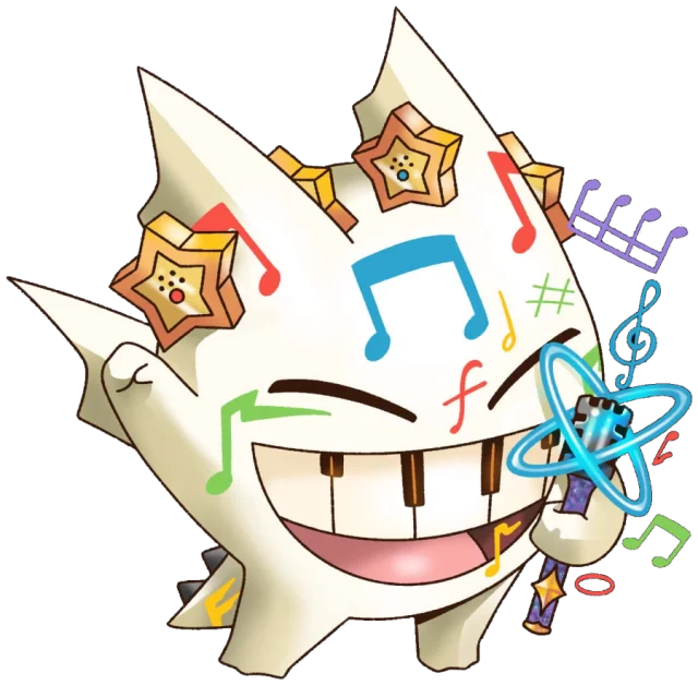 Chordweaver: the Arpeggigon mascot grinning with piano-key teeth, raising a fist with its Micblade microphone