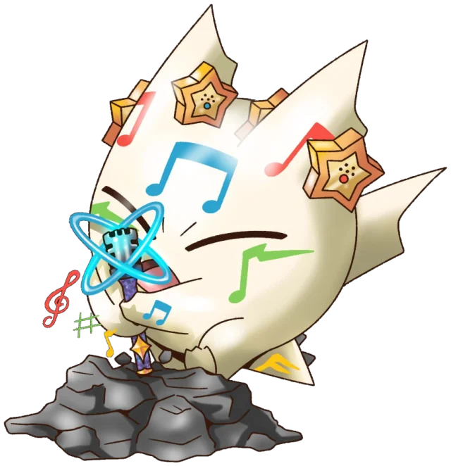 Notecaster: the Arpeggigon mascot perched on a rock, singing into a glowing Micblade microphone